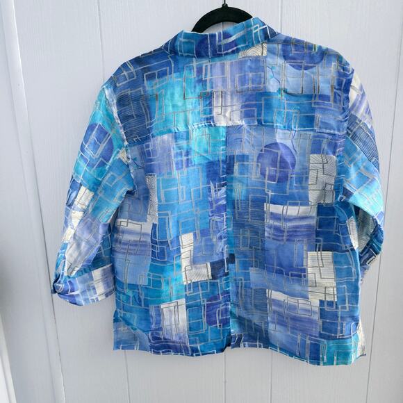 Mirasol Blue Abstract Blouse M – Linen Blend, Classic, Minimalist - Picture 7 of 8